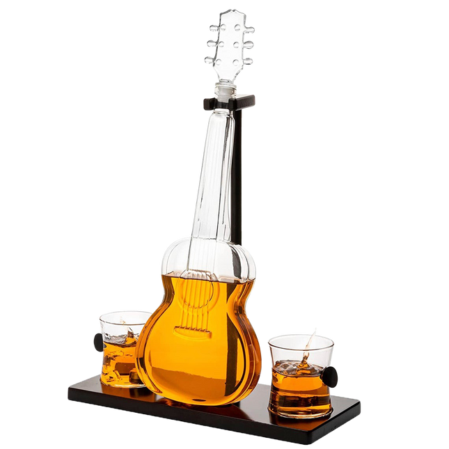 Guitar Whiskey & Wine Decanter & Mahogany Base - The Wine Savant 1000 ML Glass Decanter with 2 10oz Glasses 14" For Whiskey Music Lover & Guitar Player Gifts Musician Music Lovers-0