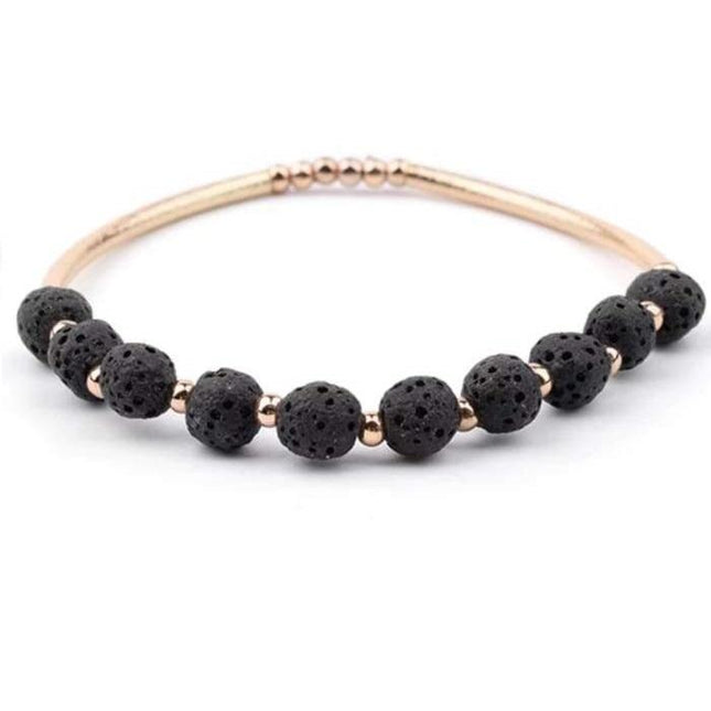 Lava Stone Essential Oil Bracelet - Black Lava Stone and Gold-0
