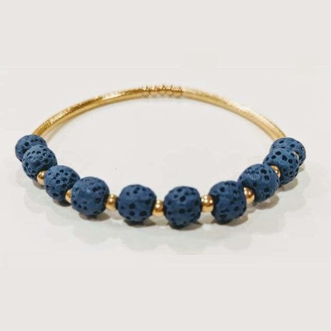 Lava Stone Essential Oil Bracelet - Dark Blue Lava Stone and Gold-0