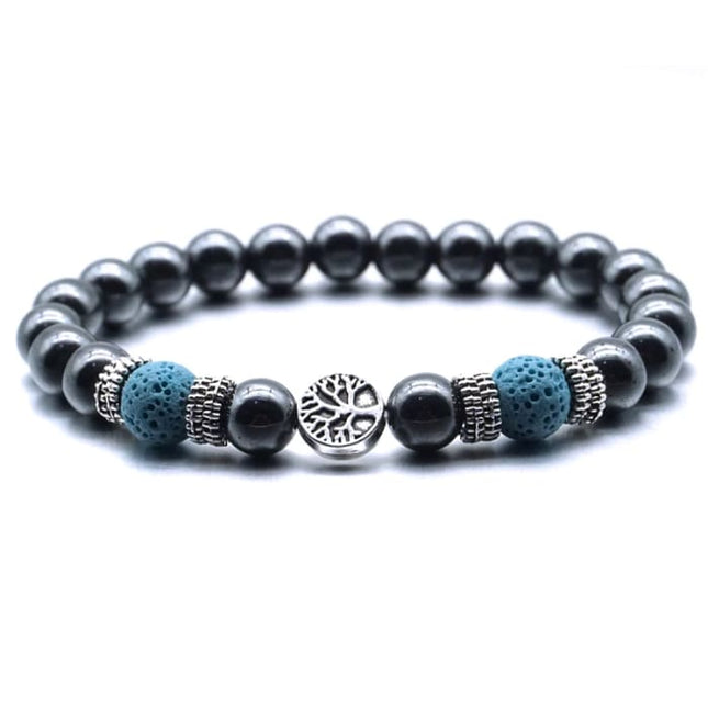 Light Blue Tree of Life Lava Stone Metal Bracelet-0