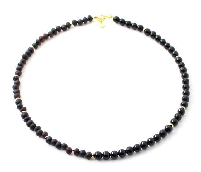 Unpolished Amber Black Necklace With Golden Silver and Obsidian-0