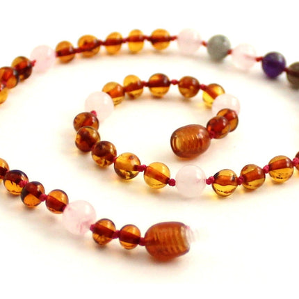Amber Cognac Polished and Rose Quartz Necklace With Gems-0