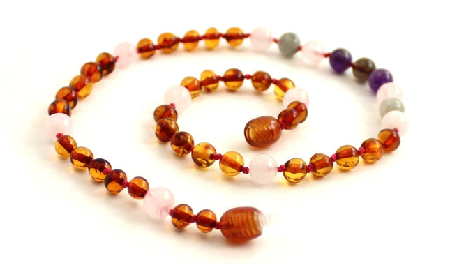 Amber Cognac Polished and Rose Quartz Necklace With Gems-0