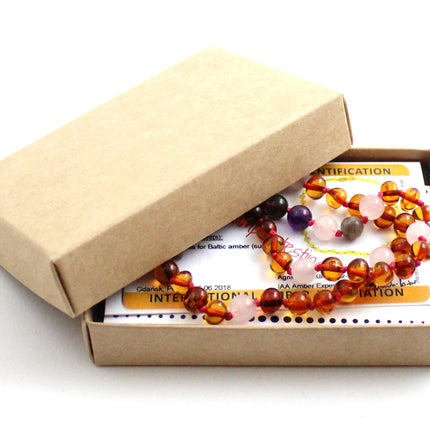Amber Cognac Polished and Rose Quartz Necklace With Gems-1