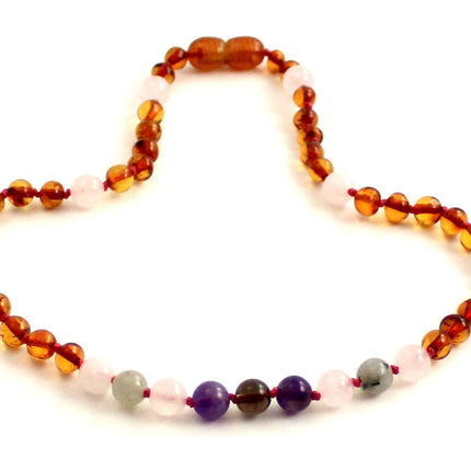 Amber Cognac Polished and Rose Quartz Necklace With Gems-2