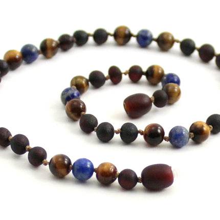Amber Cherry Raw, Lapis Lazuli and Tiger's Eye Necklace-0