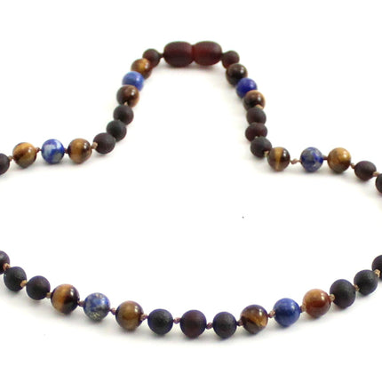 Amber Cherry Raw, Lapis Lazuli and Tiger's Eye Necklace-2