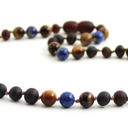 Amber Cherry Raw, Lapis Lazuli and Tiger's Eye Necklace-3