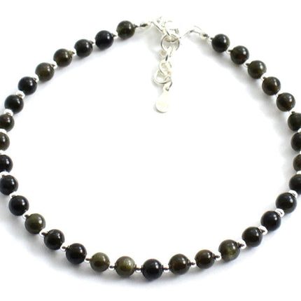 Obsidian Golden Sheen Minimalist Anklet With Silver-4