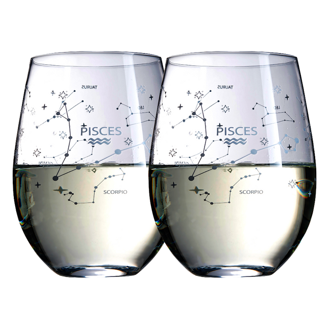 Set of 2 Zodiac Sign Wine Glasses with 2 Wooden Coasters by The Wine Savant - Astrology Drinking Glass Set with Etched Constellation Tumblers for Juice, Water Home Bar Horoscope Gifts 18oz (Pisces)-0