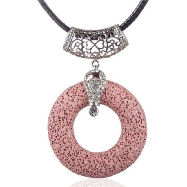 Pink Circular Lava Stone Pendant Essential Oils Necklace-0