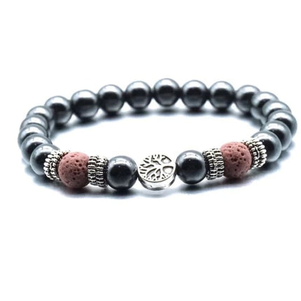 Pink Tree of Life Lava Stone Metal Bracelet-0