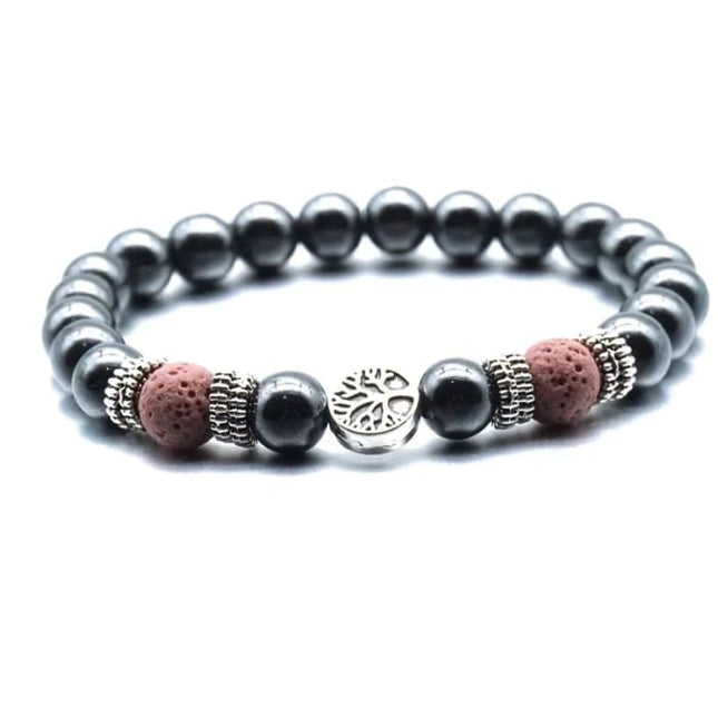 Pink Tree of Life Lava Stone Metal Bracelet-0