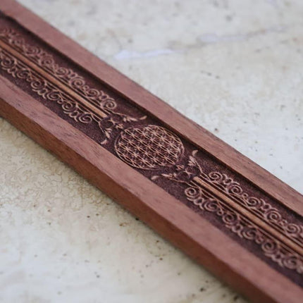 Engraved wooden Flower of Life incense holder-0