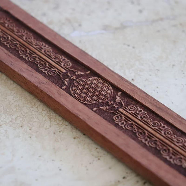 Engraved wooden Flower of Life incense holder-0
