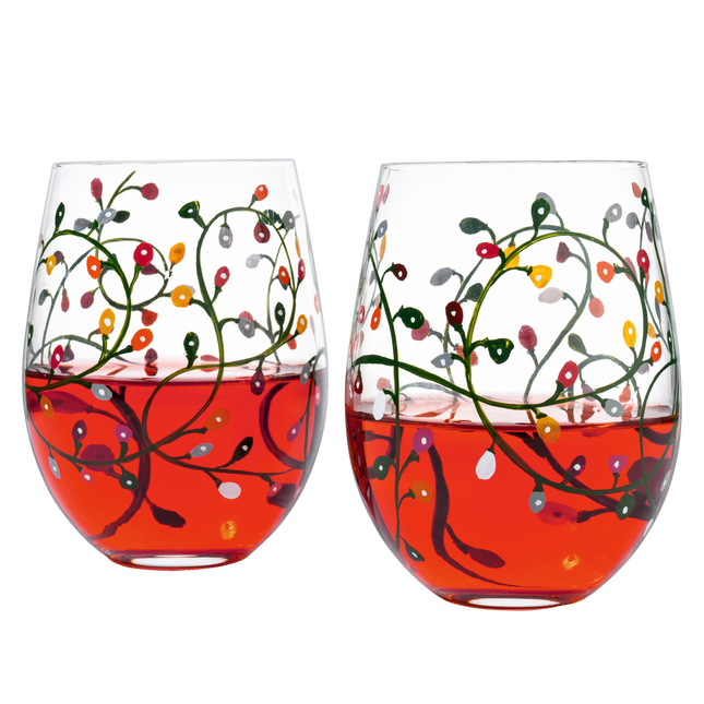 Themed Lights Stemless Wine & Water Glasses - Artisanal Hand Painted Ornament Light Bulbs Glasses - Xmas Tree - Set of 2, 17.5oz - Santa Festive Theme Stemless Glass-0