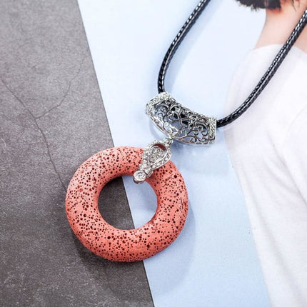 Red Circular Lava Stone Pendant Essential Oils Necklace-1