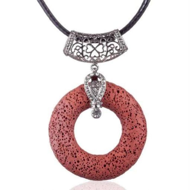 Red Circular Lava Stone Pendant Essential Oils Necklace-0
