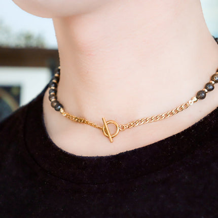 CIRCE | Bronzite and 18 and 24 carat gold plated necklace-3