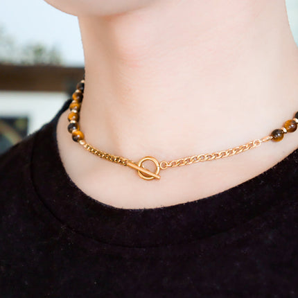 CIRCE | Tiger Eye and 18 and 24 carat Gold plated necklace-3