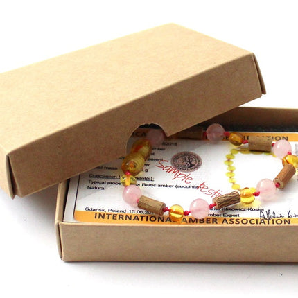 Honey Amber Bracelet with Hazelwood and Rose Quartz-1
