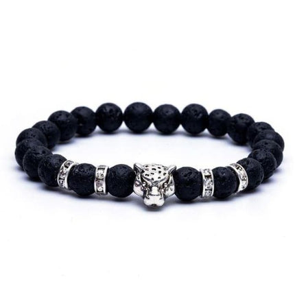 Silver Onyx Stone Leopard and Lava Stone Beads Men's Bracelet-0