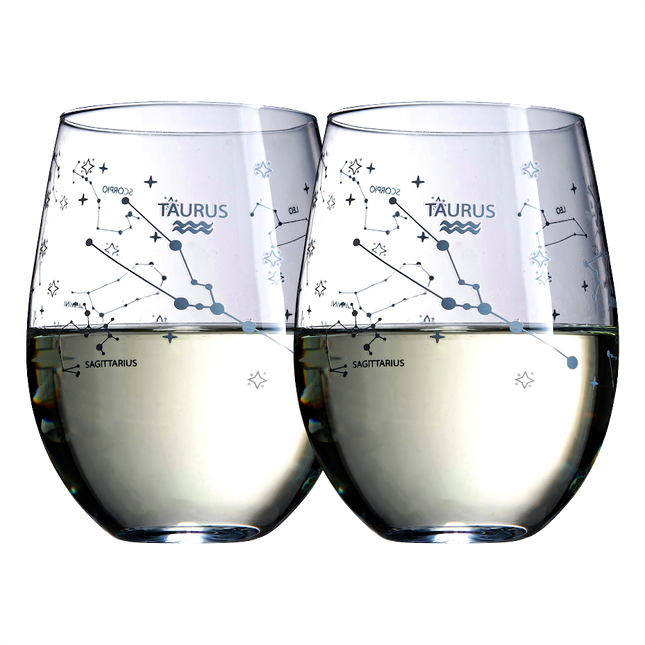 Set of 2 Zodiac Sign Wine Glasses with 2 Wooden Coasters by The Wine Savant - Astrology Drinking Glass Set with Etched Constellation Tumblers for Juice, Water Home Bar Horoscope Gifts 18oz (Taurus)-0