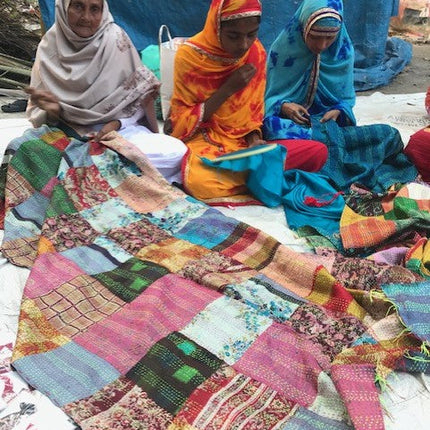 Vintage Silk Saree Kantha throw - Hand Stitched Upcycled-1