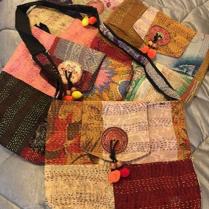 Vintage Silk Saree Kantha throw - Hand Stitched Upcycled-3