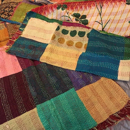 Vintage Silk Saree Kantha throw - Hand Stitched Upcycled-4