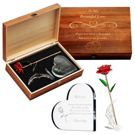 Anniversary, Birthday & Everyday 24K Gold Rose Love Box for Wife, Her, Women - Engraved Wooden Set 'To My Beautiful Love' Inscription, Includes Crystal Heart - For Birthday 1st Anniversaries-0