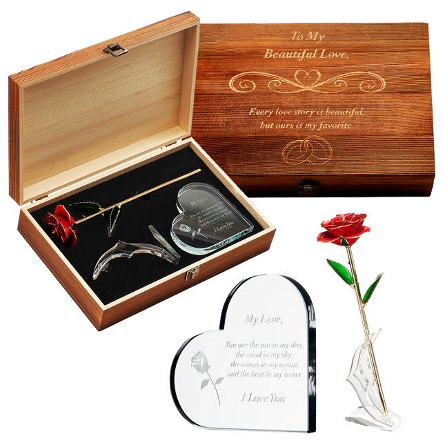 Anniversary, Birthday & Everyday 24K Gold Rose Love Box for Wife, Her, Women - Engraved Wooden Set 'To My Beautiful Love' Inscription, Includes Crystal Heart - For Birthday 1st Anniversaries-0