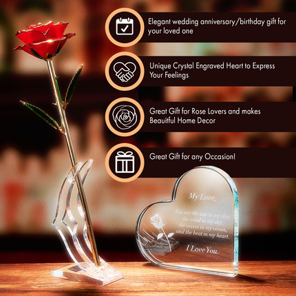 Anniversary, Birthday & Everyday 24K Gold Rose Love Box for Wife, Her, Women - Engraved Wooden Set 'To My Beautiful Love' Inscription, Includes Crystal Heart - For Birthday 1st Anniversaries-2