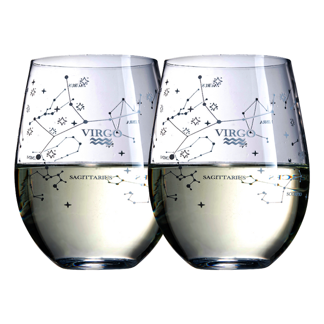 Set of 2 Zodiac Sign Wine Glasses with 2 Wooden Coasters by The Wine Savant - Astrology Drinking Glass Set with Etched Constellation Tumblers for Juice, Water Home Bar Horoscope Gifts 18oz (Virgo)-0