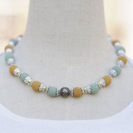 Yellow and Teal Choker Lava Stone Essential Oil Necklace-0